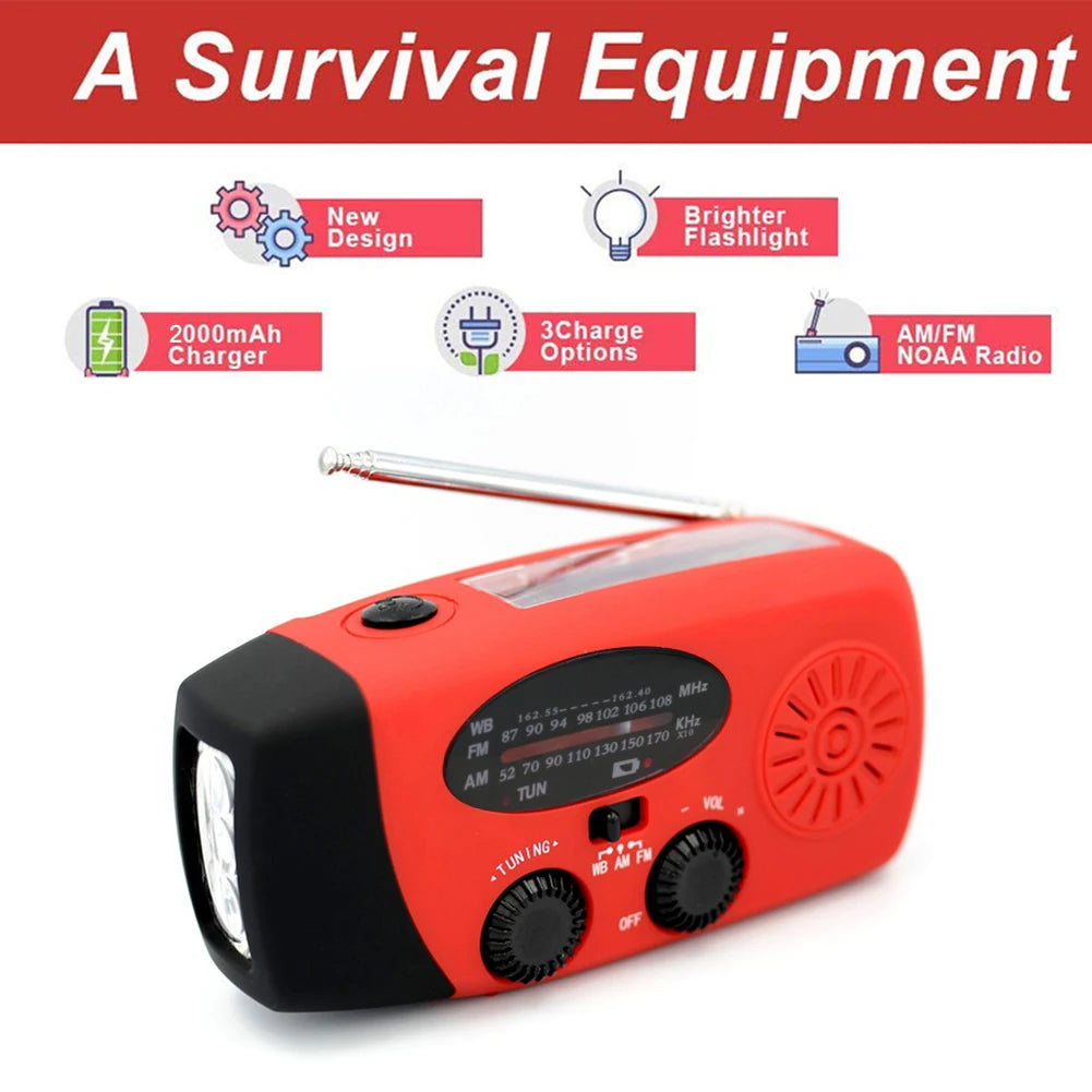 Multifunctional Solar and Hand Crank Radio FM AM WB NOAA Weather Radio 2000mAh USB Rechargeable Emergency LED Flashlight Power Bank