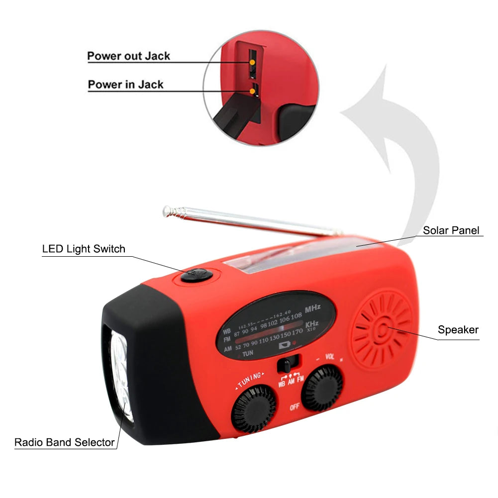 Multifunctional Solar and Hand Crank Radio FM AM WB NOAA Weather Radio 2000mAh USB Rechargeable Emergency LED Flashlight Power Bank