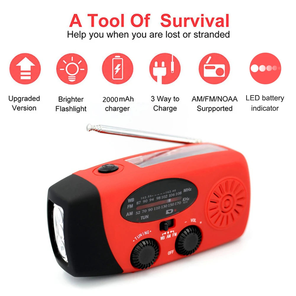 Multifunctional Solar and Hand Crank Radio FM AM WB NOAA Weather Radio 2000mAh USB Rechargeable Emergency LED Flashlight Power Bank