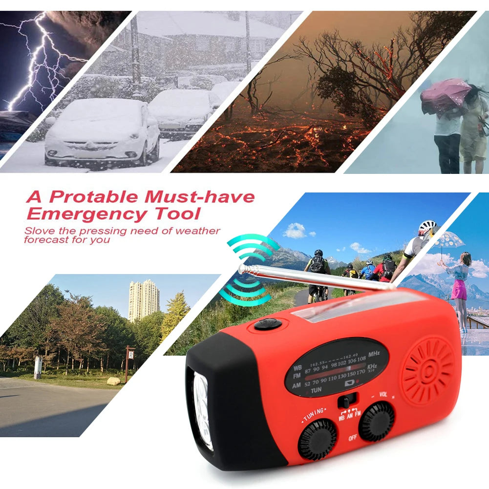 Multifunctional Solar and Hand Crank Radio FM AM WB NOAA Weather Radio 2000mAh USB Rechargeable Emergency LED Flashlight Power Bank