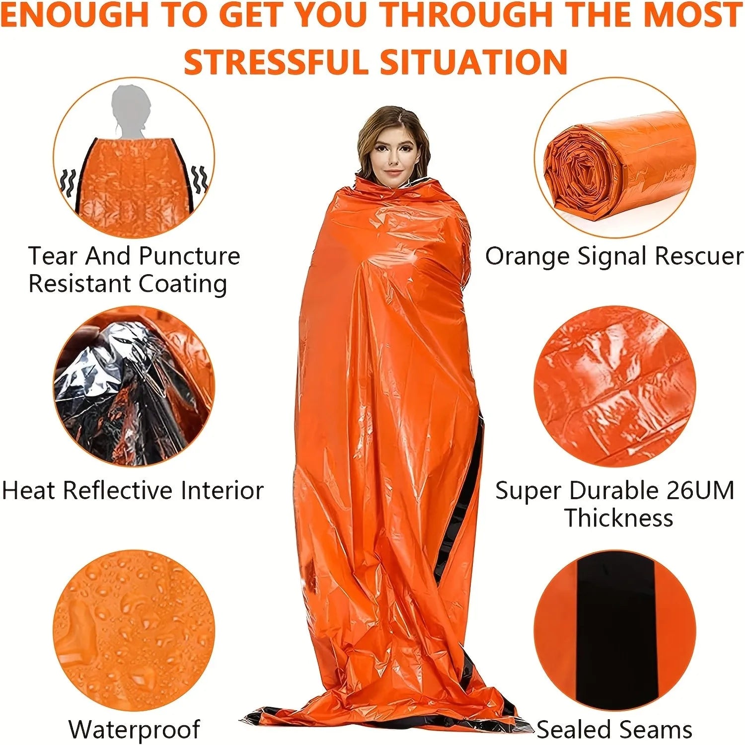 Sac de couchage de survie d'urgence portable et étanche - Équipement de camping EDC en plein air, sac thermique, trousse de premiers secours et de sauvetage, couverture Mylar