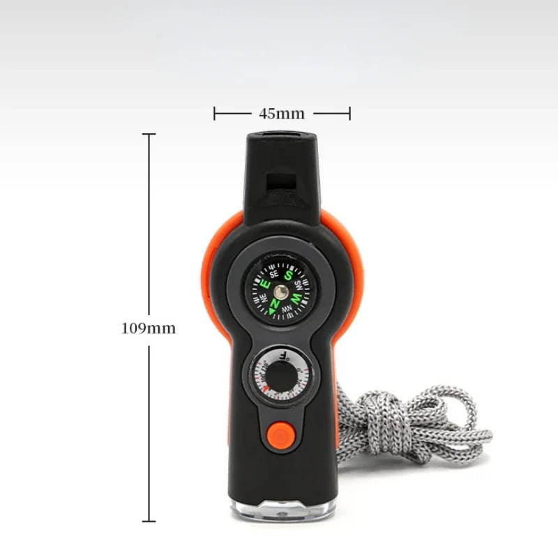 7-in-1 fluit voor buiten, met multifunctionele tools zoals een LED-lamp, kompas, thermometer, vergrootglas en fluit. Dit compacte gereedschap is ideaal voor kamperen en wandelen, en biedt handige functies voor noodsituaties. - survivor's choice Orange survivor's choice