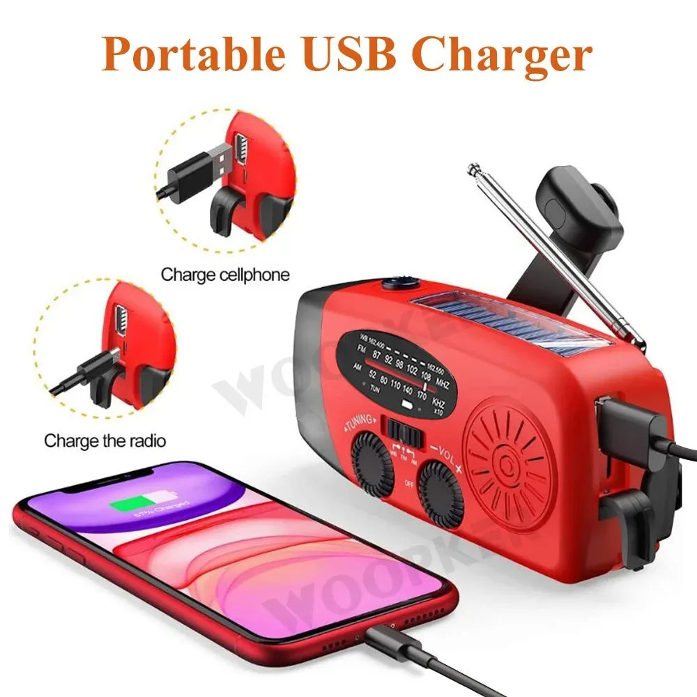 Woopker Radio E30 - 10000mAh en 2000mAh Noodradio met FM/AM/NOAA, Solar Hand Crank Generator, LED Zaklamp, SOS Alarm en Powerbank