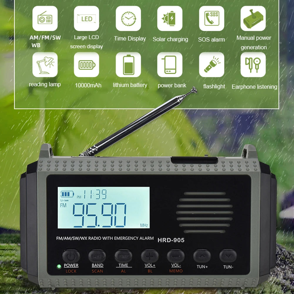 Multifunctionele Zonne- en Hand opladend Radio AM FM SW NOAA Weer Radio 10000mAh Noodradio Leeslamp voor Outdoor Survival