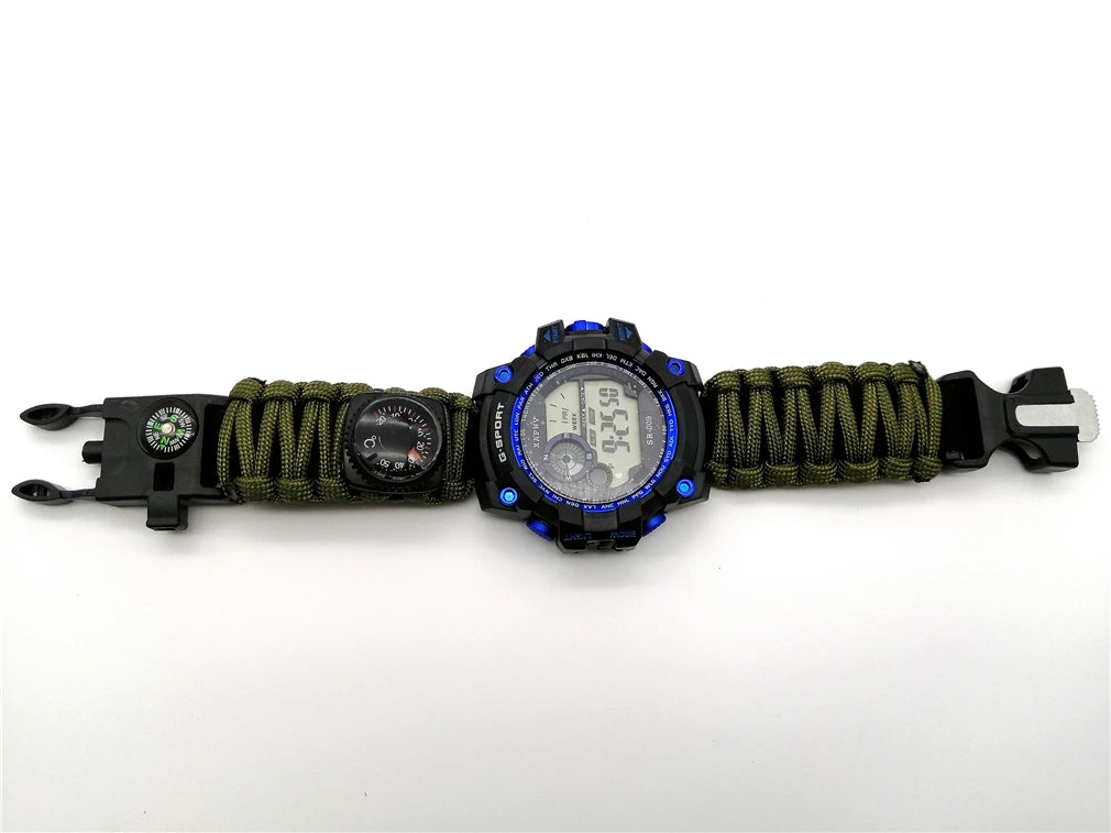 Outdoor Survival Horloge Noodzakelijke Tools met Nachtzicht, 50M Waterdicht, Paracord, Mes, Kompas, Thermometer, Fluitjes en EHBO Kits - survivor's choice army green survivor's choice