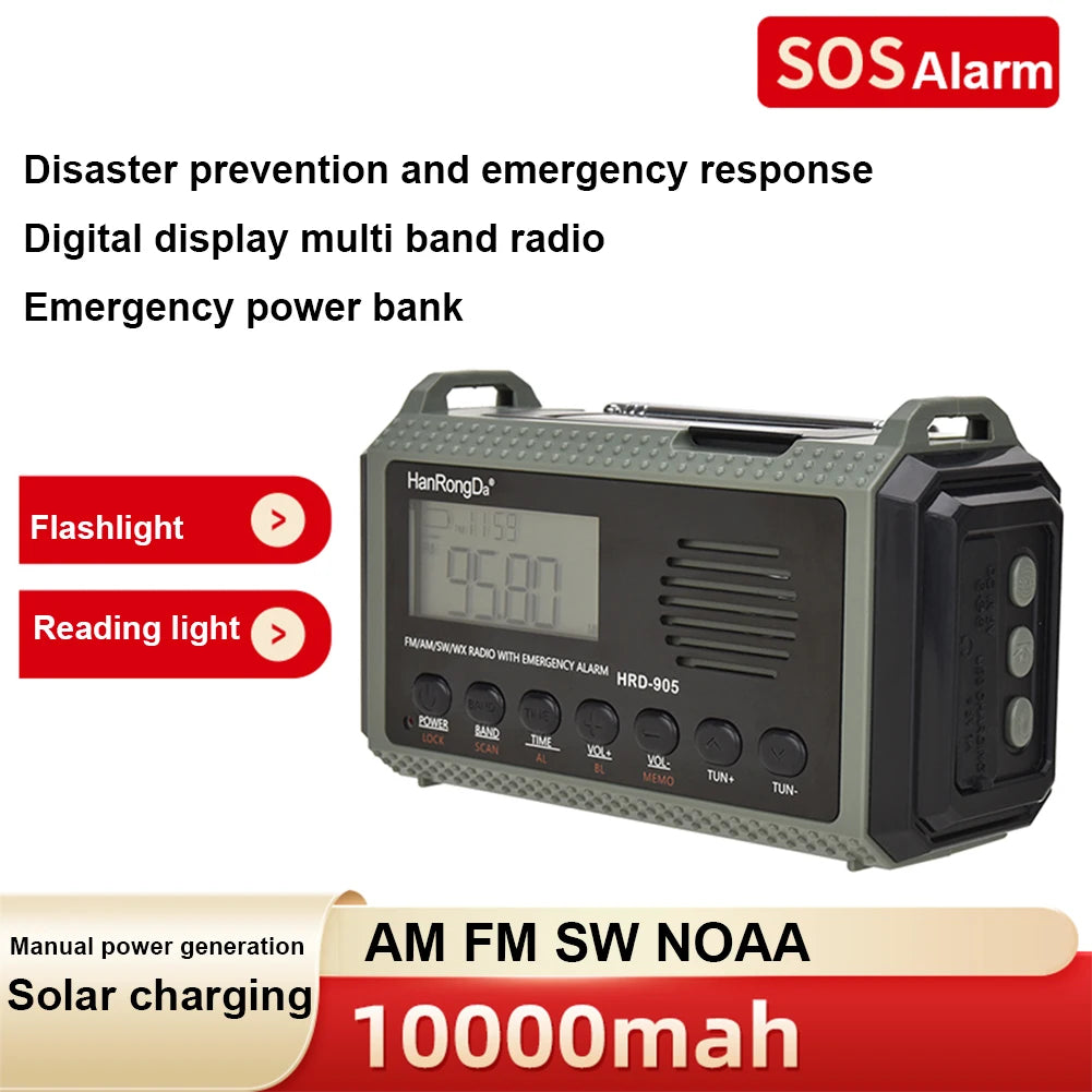 Radio multifonctionnelle solaire et à chargement manuel AM FM SW NOAA Radio météo 10000mAh Radio d'urgence Lampe de lecture pour la survie en extérieur