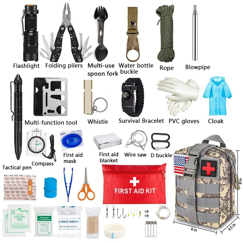 Trauma Tas :Noodhulp voor Outdoor, Multifunctionele Kampeeruitrusting en Overlevingskit, Eerste Hulp Kit, SOS Overlevingstools, Tactisch Defensiemateriaal voor de wildernis en overleving. Ideaal voor noodgevallen en outdoor avonturen. - survivor's choice Silver survivor's choice FIRT AID BAG