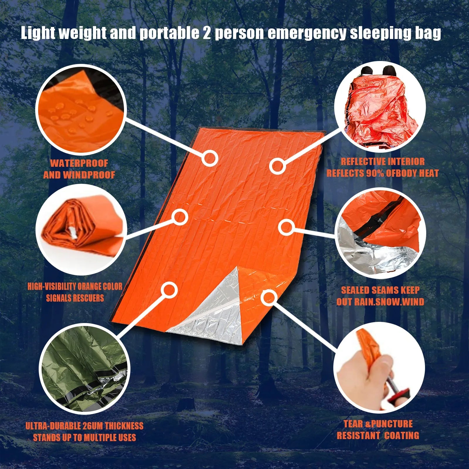 Sac de couchage de survie d'urgence portable et étanche - Équipement de camping EDC en plein air, sac thermique, trousse de premiers secours et de sauvetage, couverture Mylar