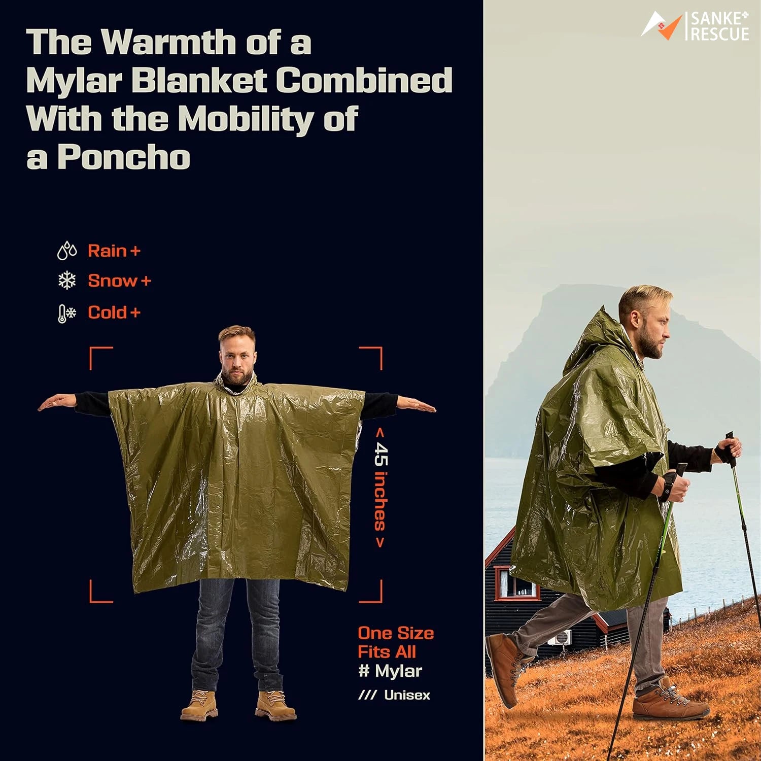 Noodwaterdichte regenjas van aluminiumfolie, poncho, koude isolerende regenkleding en dekens, overlevingshulpmiddel voor kamperen. Ideaal voor bescherming tegen regen en kou tijdens buitenactiviteiten. - survivor's choice Orange X 1 survivor's choice