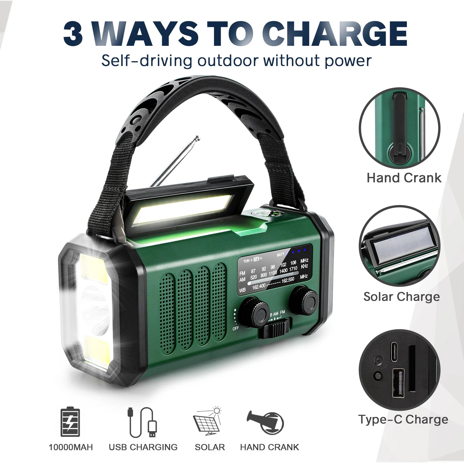 Woopker Radio E30 - 10000mAh en 2000mAh Noodradio met FM/AM/NOAA, Solar Hand Crank Generator, LED Zaklamp, SOS Alarm en Powerbank