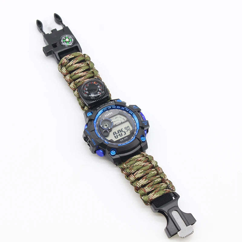 Outdoor Survival Horloge Noodzakelijke Tools met Nachtzicht, 50M Waterdicht, Paracord, Mes, Kompas, Thermometer, Fluitjes en EHBO Kits - survivor's choice Black survivor's choice