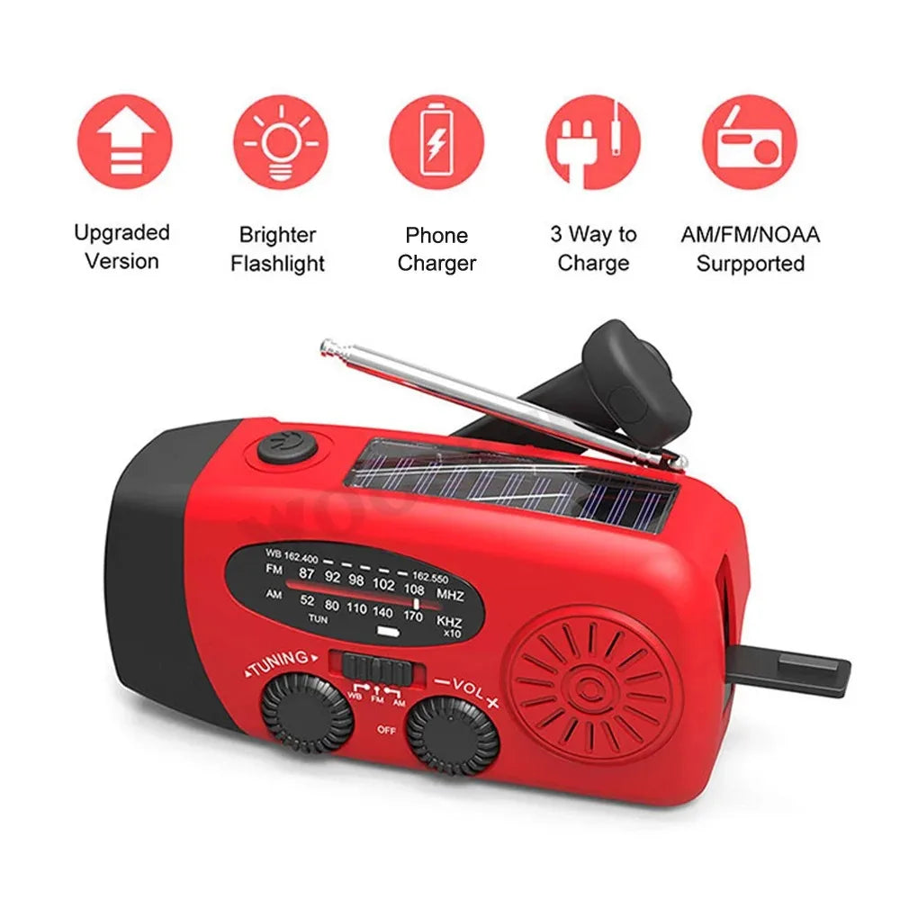 Woopker Radio E30 - 10000mAh en 2000mAh Noodradio met FM/AM/NOAA, Solar Handslingergenerator, LED Zaklamp, SOS Alarm en Powerbank