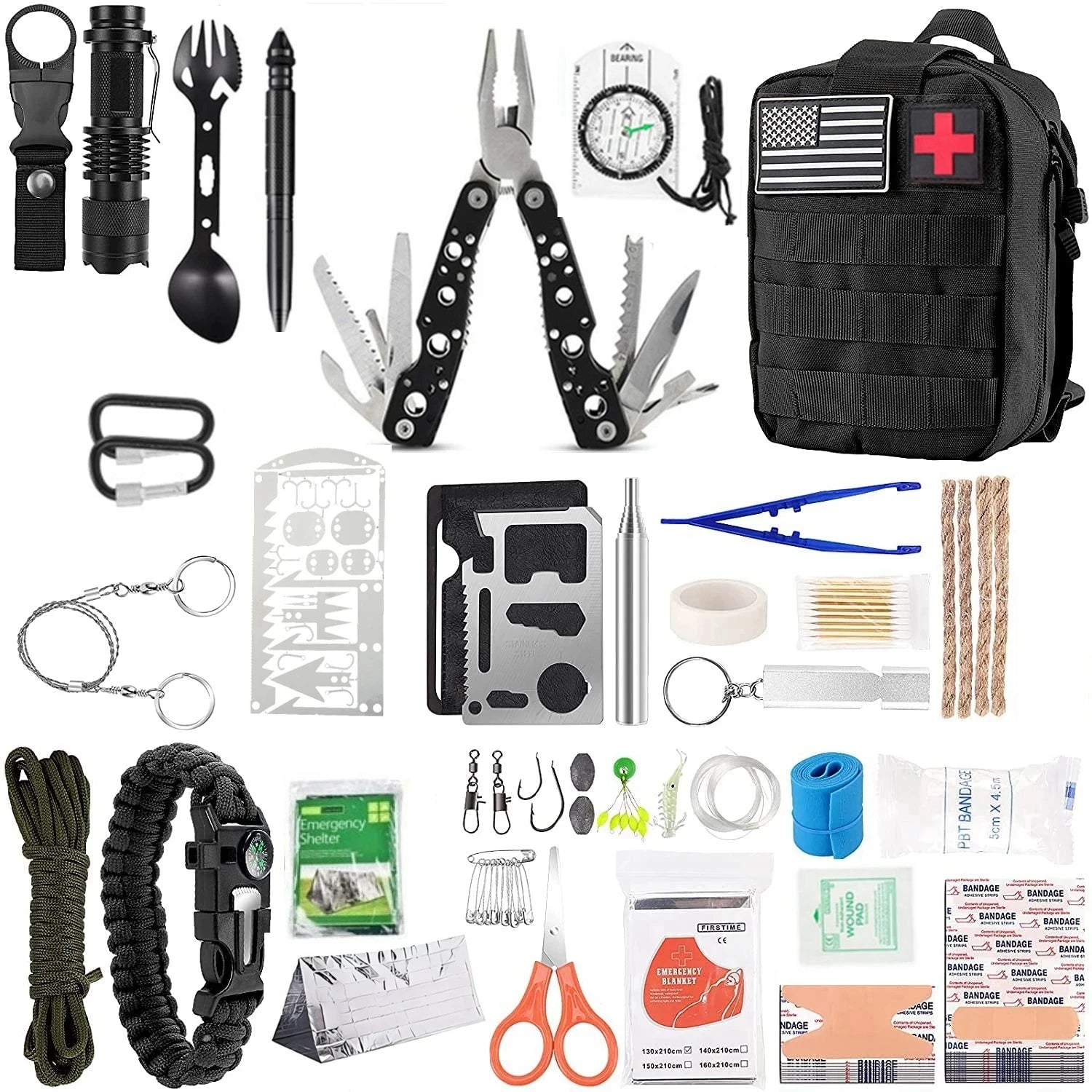 Trousse de premiers secours pour la survie en plein air – Kit d'urgence, sac de voyage, outils SOS, kit multi-outils, sac EDC pour le camping et la chasse