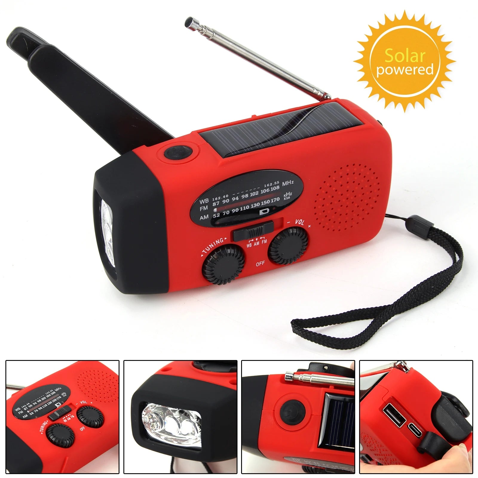 Multifunctional Solar and Hand Crank Radio FM AM WB NOAA Weather Radio 2000mAh USB Rechargeable Emergency LED Flashlight Power Bank