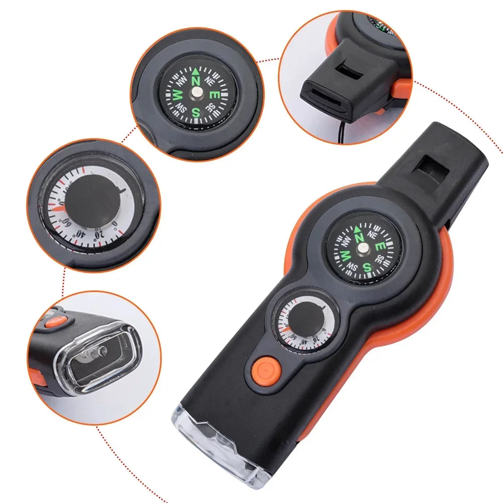 7-in-1 fluit voor buiten, met multifunctionele tools zoals een LED-lamp, kompas, thermometer, vergrootglas en fluit. Dit compacte gereedschap is ideaal voor kamperen en wandelen, en biedt handige functies voor noodsituaties. - survivor's choice Orange survivor's choice