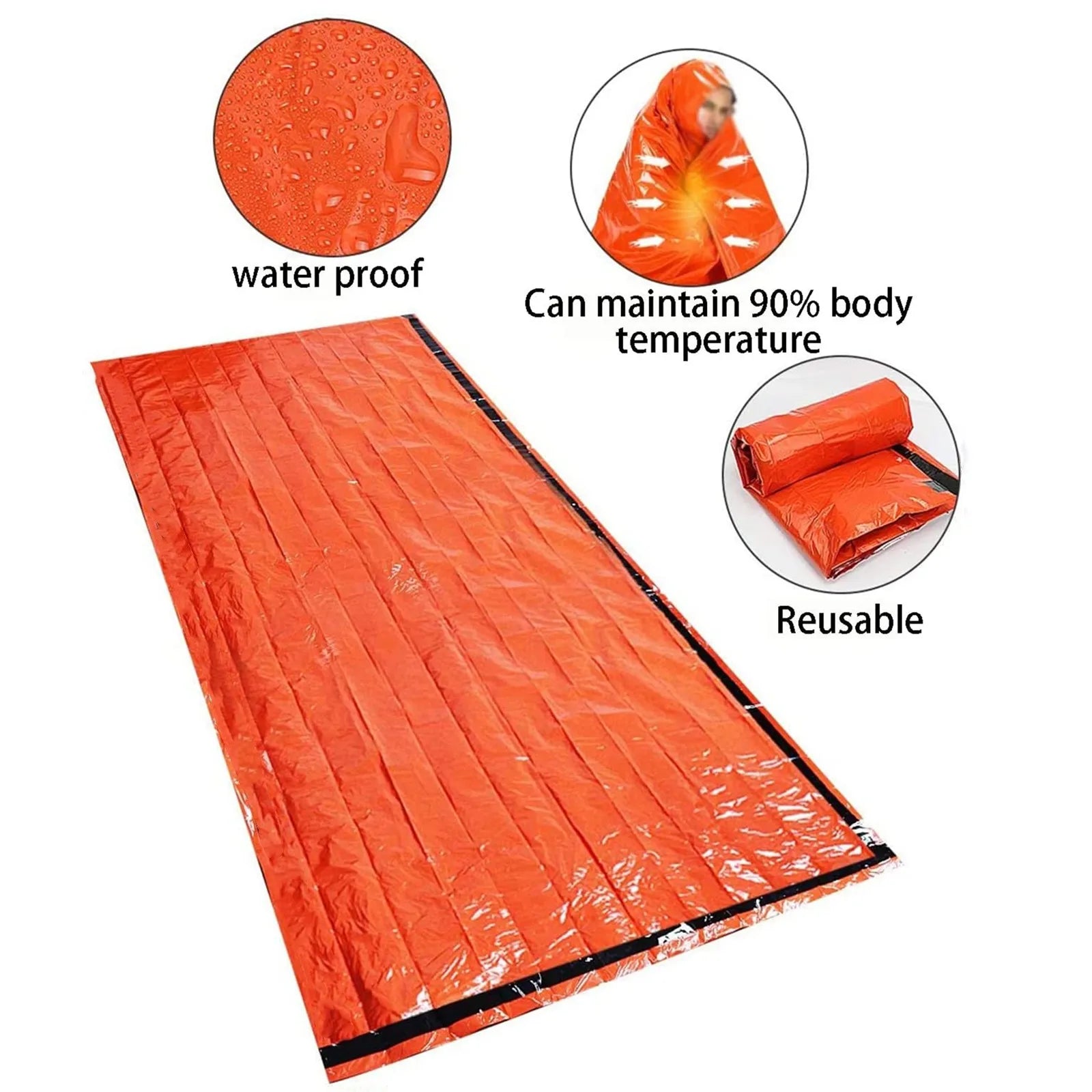 Sac de couchage de survie d'urgence portable et étanche - Équipement de camping EDC en plein air, sac thermique, trousse de premiers secours et de sauvetage, couverture Mylar