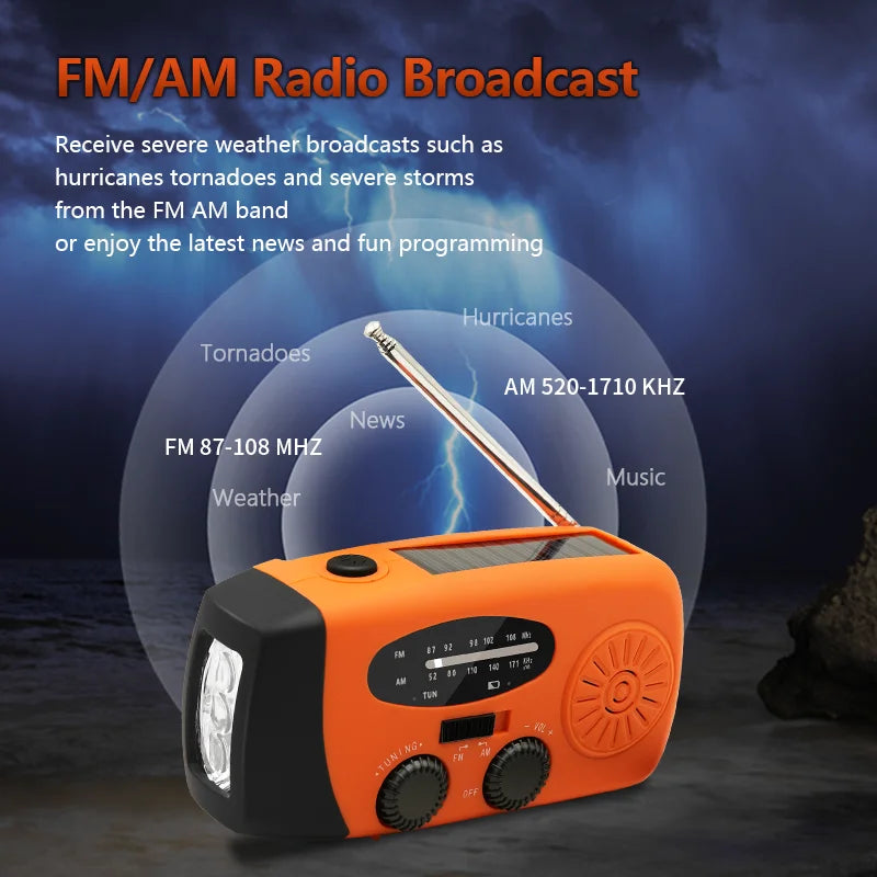 Emergency Radio – Hand Charging &amp; Solar Power, AM/FM/NOAA, Portable Power Bank at the Same Time