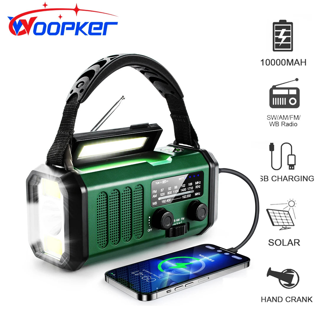 Woopker Radio E30 - 10000mAh en 2000mAh Noodradio met FM/AM/NOAA, Solar Hand Crank Generator, LED Zaklamp, SOS Alarm en Powerbank