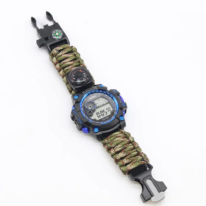 Outdoor Survival Horloge Noodzakelijke Tools met Nachtzicht, 50M Waterdicht, Paracord, Mes, Kompas, Thermometer, Fluitjes en EHBO Kits - survivor's choice Army Camo survivor's choice