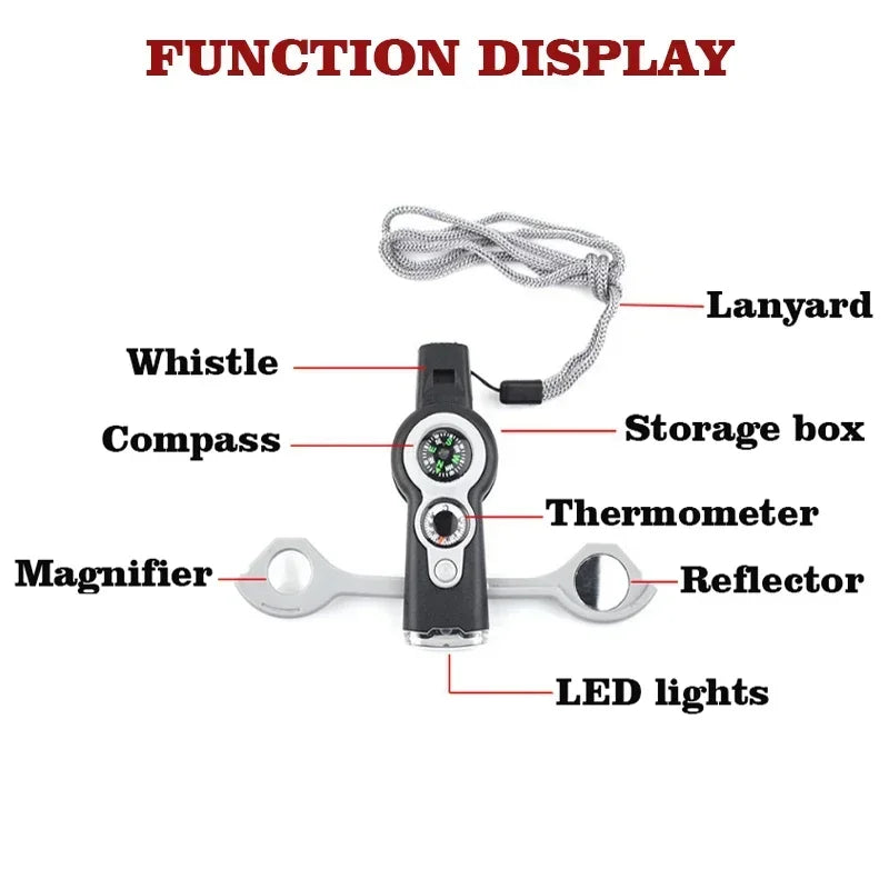 7-in-1 fluit voor buiten, met multifunctionele tools zoals een LED-lamp, kompas, thermometer, vergrootglas en fluit. Dit compacte gereedschap is ideaal voor kamperen en wandelen, en biedt handige functies voor noodsituaties. - survivor's choice Orange survivor's choice